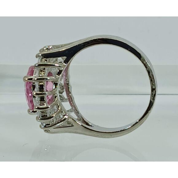 Vintage Ring Size 7.5 Silver Tone White Gold GP Pink CZ Cluster Cocktail NOS - Picture 6 of 10